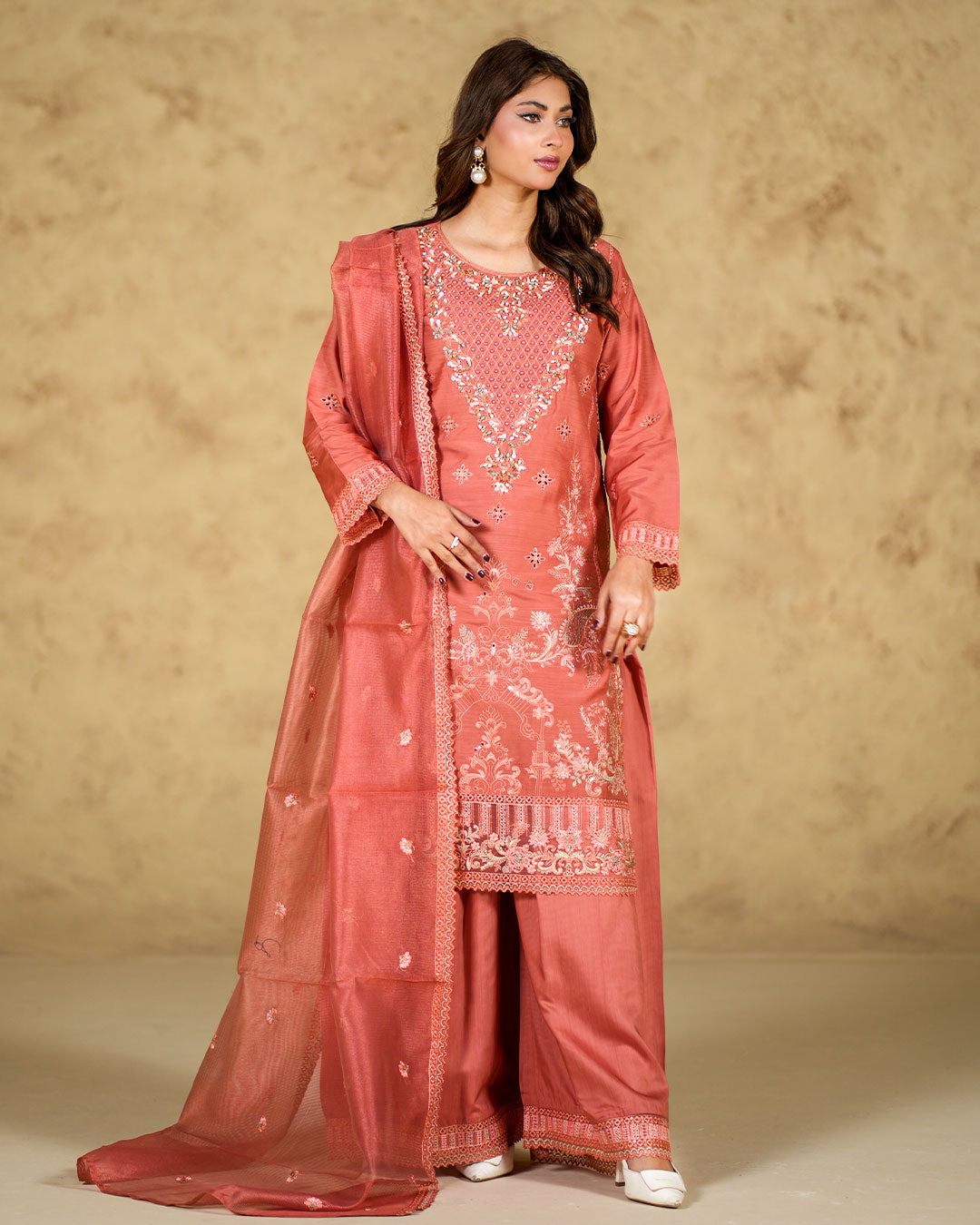 Viscose 3-Piece Peach Suit with Farshi Shalwar