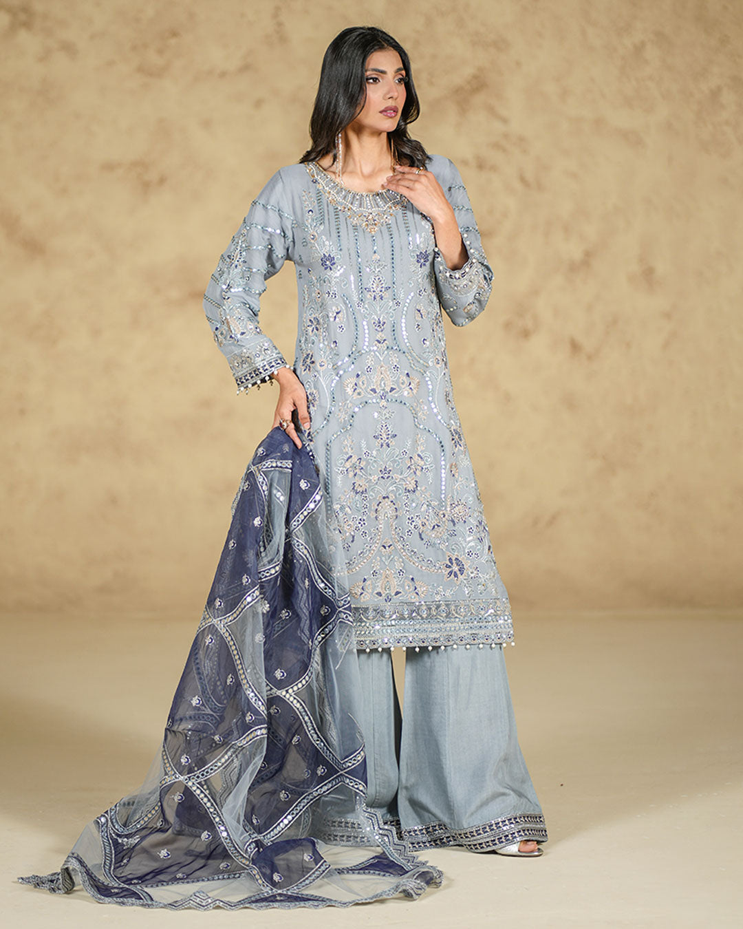 Ashra Noor Grey Chiffon 3-Piece Suit
